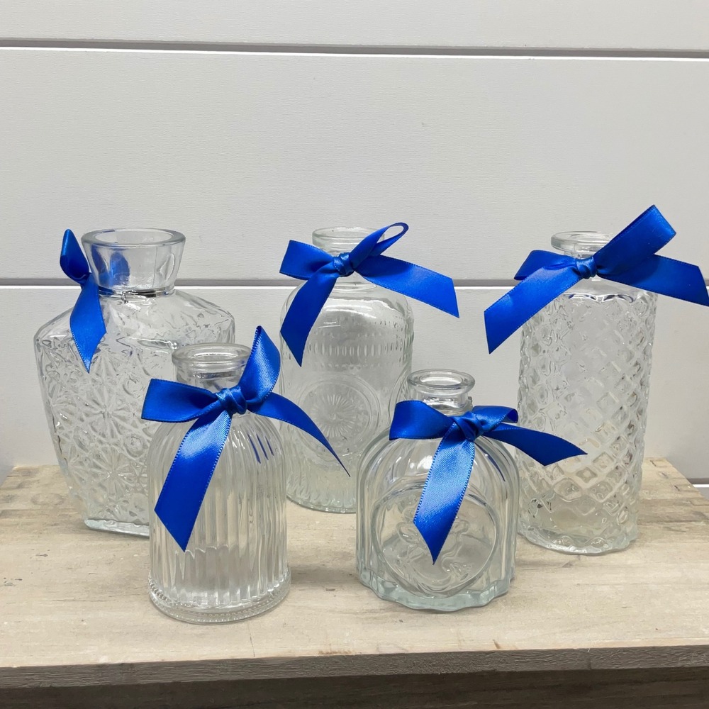 Set of 5 Clear Glass Bud Vases with Blue Ribbons Assorted Textured Bottles